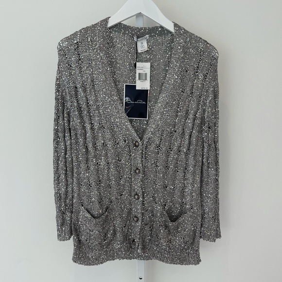 OSCAR DE LA RENTA SILVER SEQUINS SILK CARDIGAN SIZE S NWTS! - Picture 5 of 16
